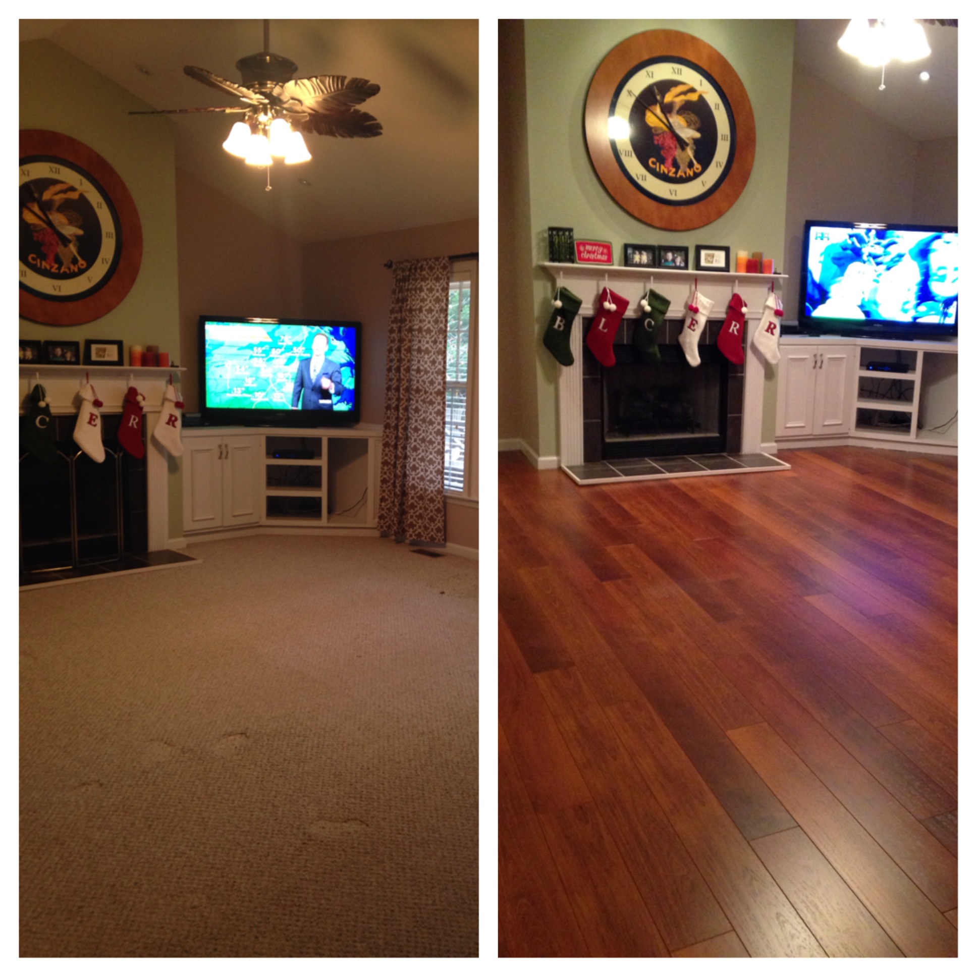 Before and after comparison of a room transformation to hardwood floors.